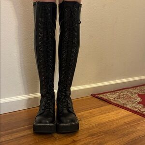 Demonia Black Over-the-Knee ‘Emily 375’Lace-Up Platform Boots Size 8